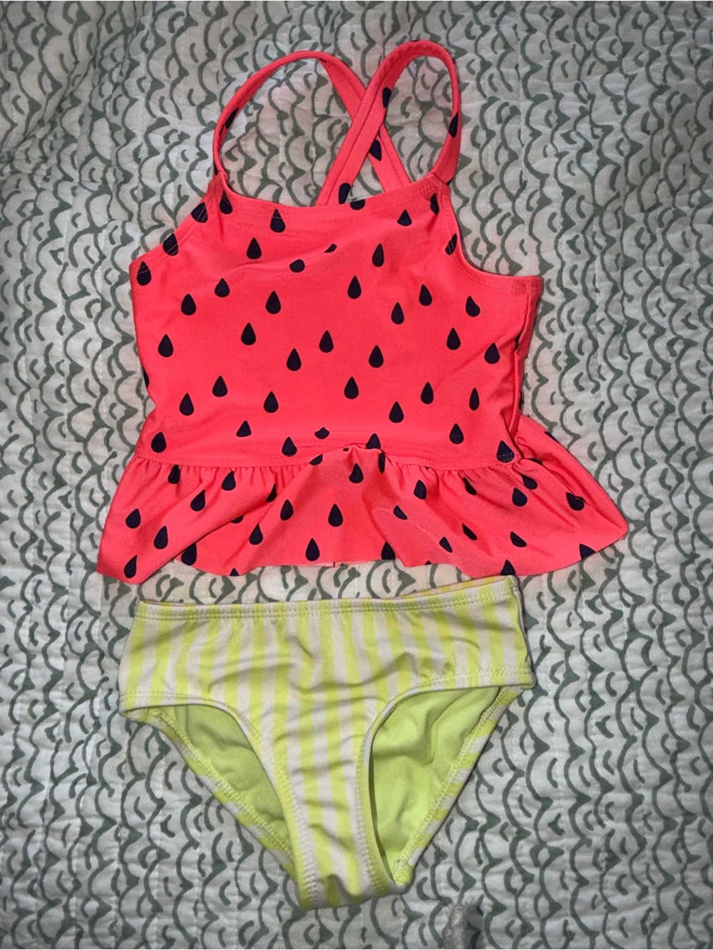 Girls Watermelon Print Peplum Tankini Top & Lime Stripe Bottoms